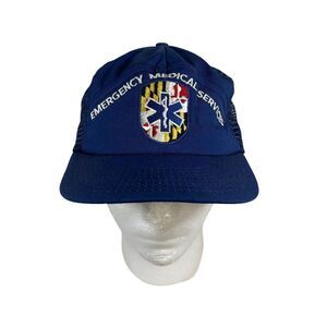 Vintage EMS Trucker Hat Mesh Back Navy Blue Emergency Medical Services SnapBack